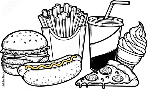 A collection of classic fast food items, including a burger, hot dog, fries, pizza, soda, and ice cream