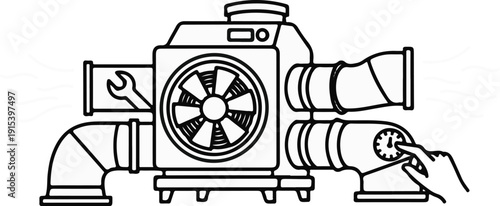 A drawing of a ventilation unit with a fan, pipes, a wrench, and a hand adjusting a dial