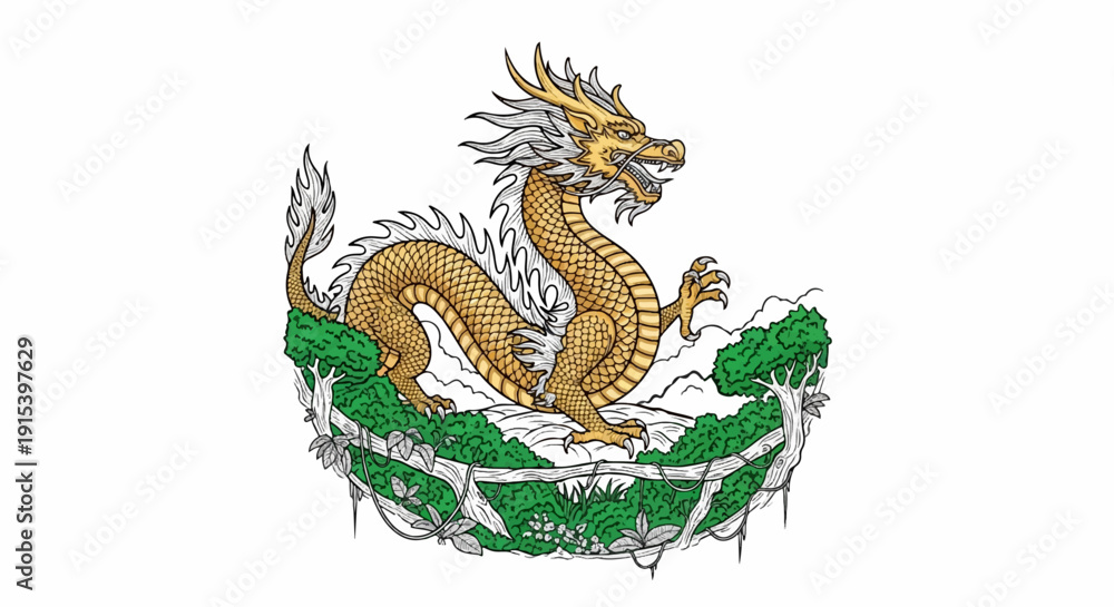Obraz premium A golden dragon poses majestically atop a lush green mound
