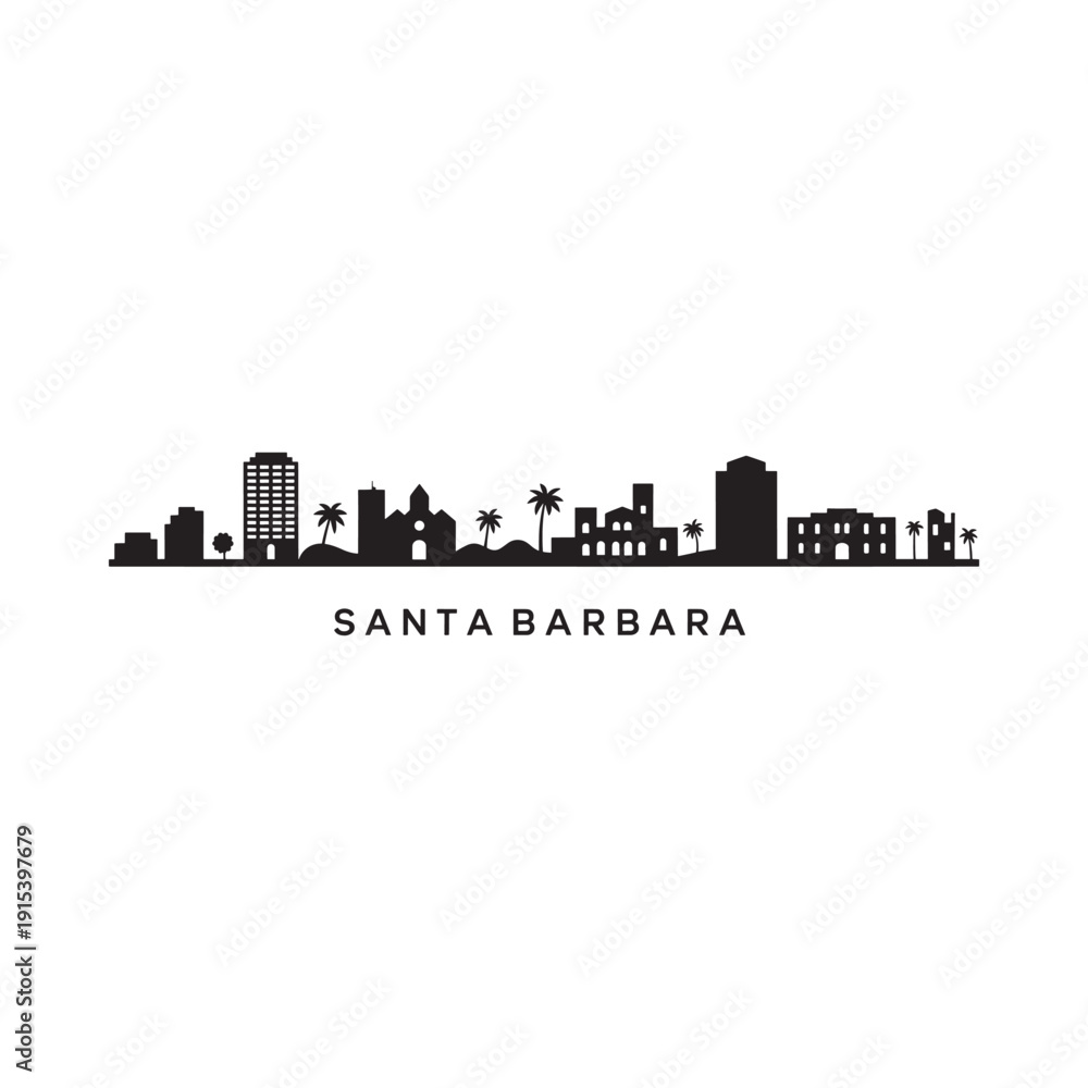 Naklejka premium A stark black silhouette of the santa barbara skyline against a white background