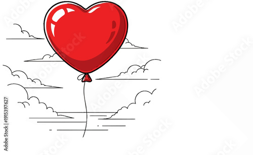 A glossy red heart-shaped balloon floats against a background of stylized clouds and lines