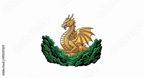 A golden dragon with wings sits proudly amidst lush green foliage