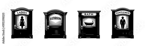 Bathroom flat vector icons set: restroom, bath, ladies, gentlemen door signs collection