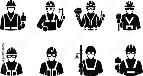 Collection of construction worker icons representing different professions and tools simple flat vector design for industry and safety concepts isolated on white