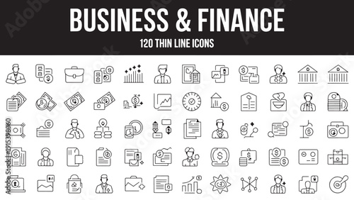 Business and finance icon set featuring money, briefcase, graphs, bank, calculator, credit card, documents, and professional people.