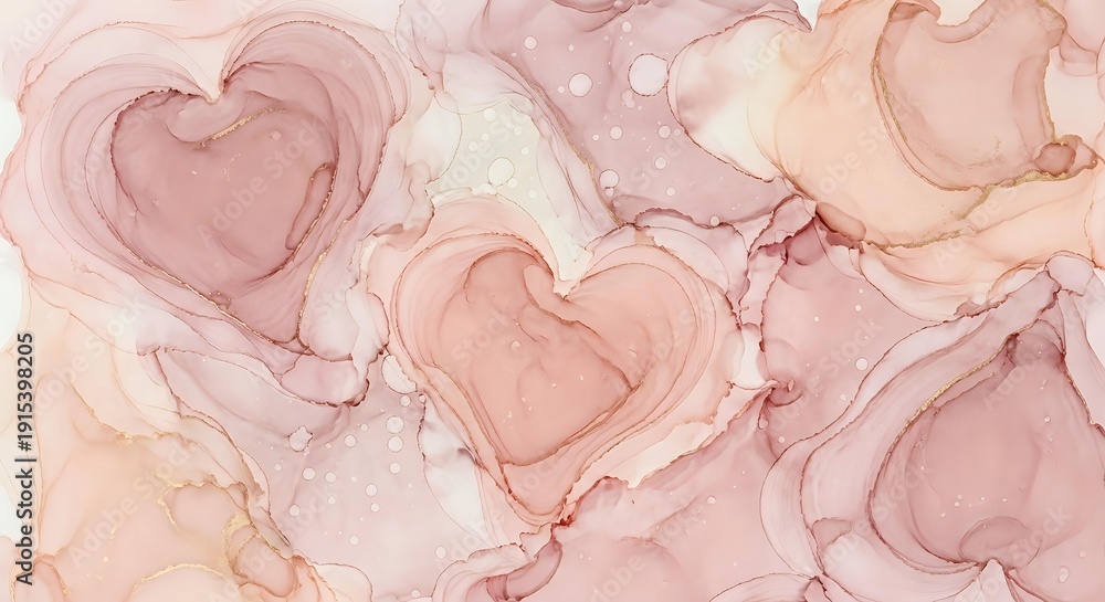 Fototapeta premium Romantic pink watercolor hearts pattern with soft flowing brushstrokes and delicate textures for Valentine's Day designs and love-themed projects.