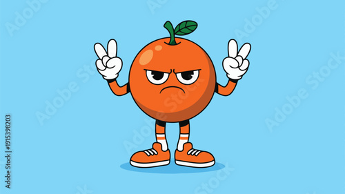 Angry orange fruit cartoon character standing with peace sign gesture vector illustration