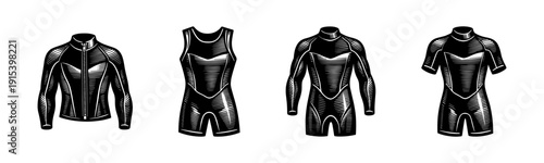 Diving suit graphics set. flat vector icons collection for scuba, surfing, swimwear designs