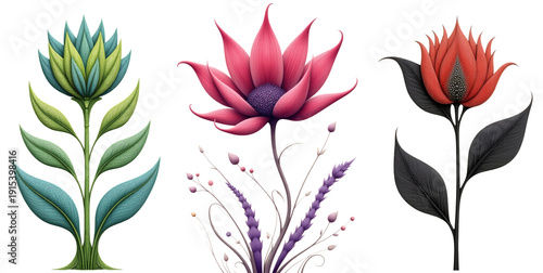 Garish, exotic fantasy flowers against a transparent background, digital art, set