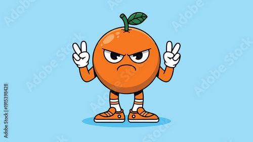 Angry cartoon orange character giving peace signs and looking displeased