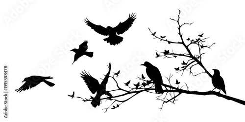 Silhouettes of birds perched and flying against a bare tree branch Vector