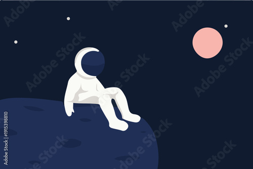 Astronaut sitting on moon surface looking at pink planet