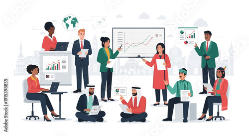 Diverse team collaborating on business project with graphs and laptops