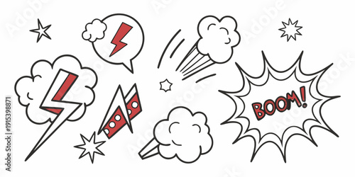 A comic book style illustration of various sound effect words and symbols. Vector