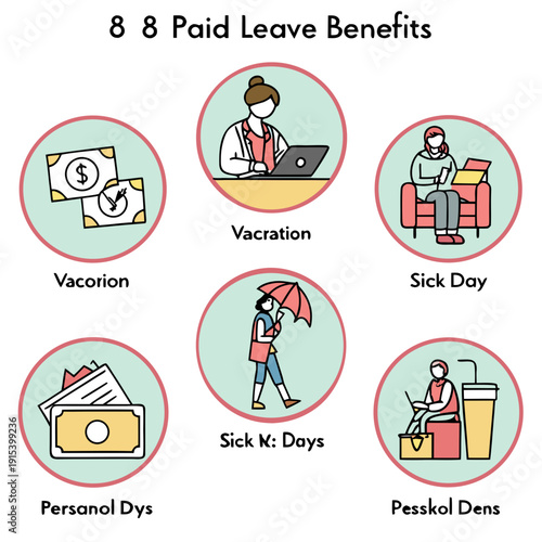 Illustration of eight paid leave benefits including vacation and sick days Vector
