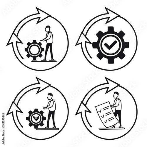 Four distinct icons representing different stages of a process or cycle. Vector