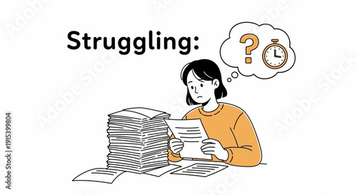 Overwhelmed businesswoman struggling with paperwork and deadlines