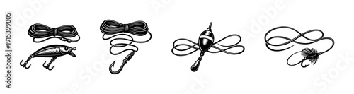 Fishing lures vector icons set. flat vector icons set of hooks and baits. angling tools collection