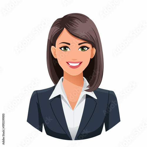 Illustration of a smiling businesswoman with brown hair and green eyes.
