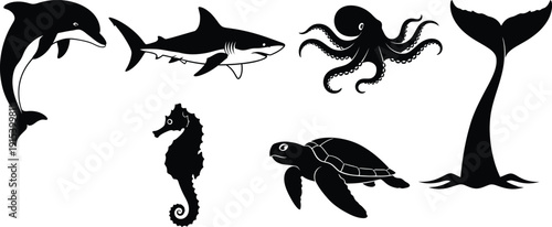 Collection of black silhouette marine animals including a dolphin shark octopus seahorse turtle and whale tail isolated on white background for design