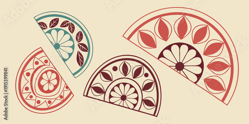 An assortment of colorful, intricately designed, circular patterns and shapes. Vector