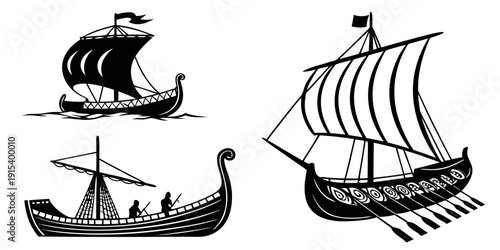 Three distinct types of ancient ships sailing on a calm sea Vector