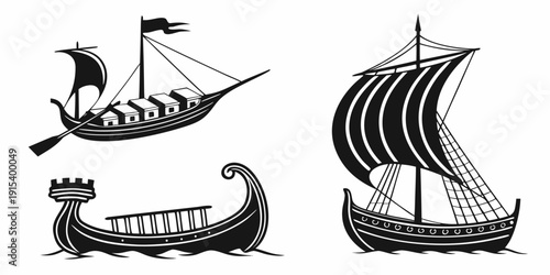 Ancient ships and boats from different historical periods Vector