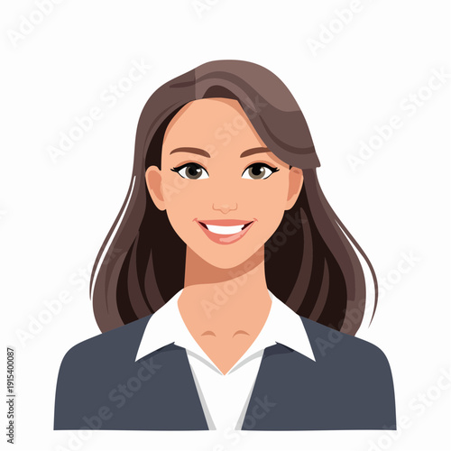 Illustration of a smiling businesswoman with long brown hair.