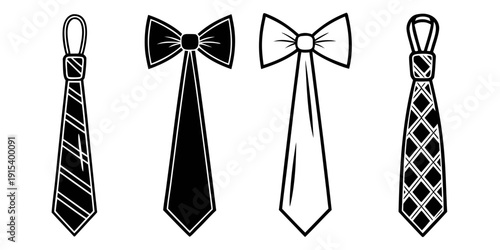 Four distinct neckties displayed in a row with varying patterns and styles. Vector