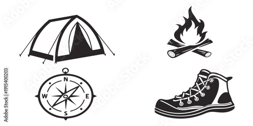 Outdoor adventure essentials including tent, compass, campfire, and hiking boots Vector