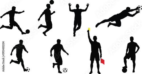 Collection of black soccer player silhouettes in action poses representing game moments and referee signals perfect for sports graphics and design