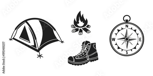 Camping essentials including a tent, boots, compass, and fire symbol for outdoor adventures Vector