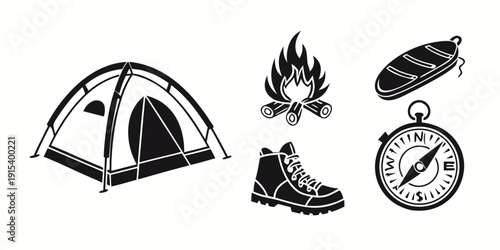 Camping essentials including a tent, campfire, hiking boots, and a compass Vector