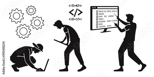 Illustration of three people engaged in different tasks and activities. Vector
