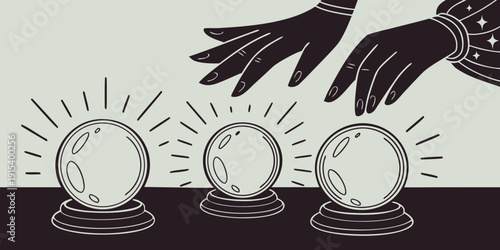 A hand reaching out to touch a crystal ball with glowing symbols in a dark room Vector