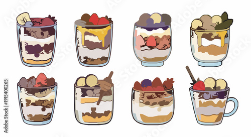 Cute yogurt parfait vector collection with healthy layered breakfast desserts