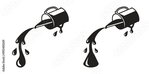 Two identical containers with liquid pouring out, one with a larger stream than the other. Vector