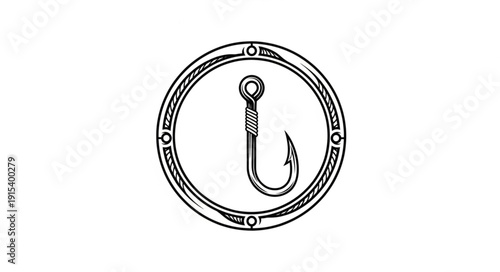 Black and White Fishing Hook Illustration.