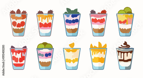 Modern flat yogurt parfait icon vector collection for healthy breakfast apps