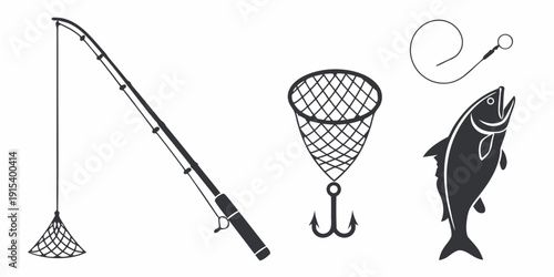 Fishing gear and a large fish depicted in a simple black and white illustration Vector