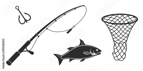 Fishing gear including a rod, hook, lure, and net with a fish illustration Vector
