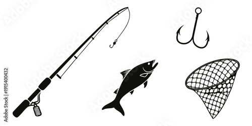 Fishing equipment and a fish illustration in a net Vector
