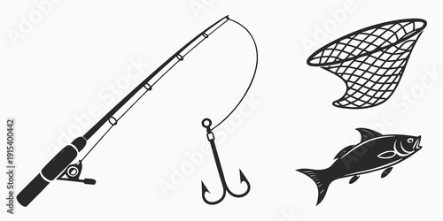 A fishing rod, hook, net, and shark graphic illustration in black and white Vector
