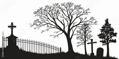 A serene cemetery scene with a tree and a lamp post in the background Vector