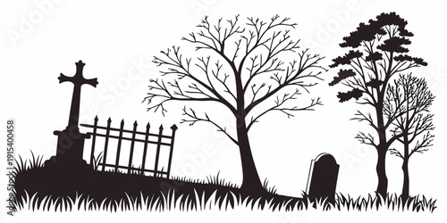 A serene graveyard scene with trees and a fence under a clear sky Vector