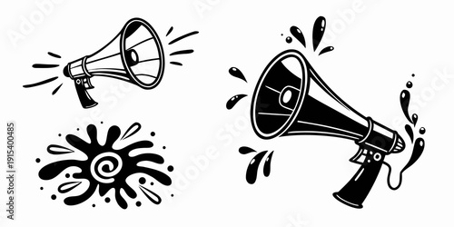 Vintage megaphones and sound waves illustration in black and white Vector