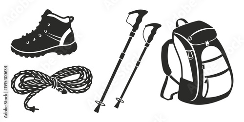 Hiking gear including boots, poles, a rope, and a backpack Vector