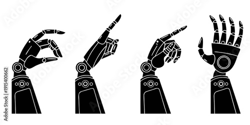 A series of hands transitioning from human to robotic in a black and white illustration Vector