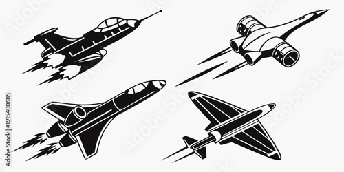 A collection of various fighter jets in mid-flight against a white background Vector