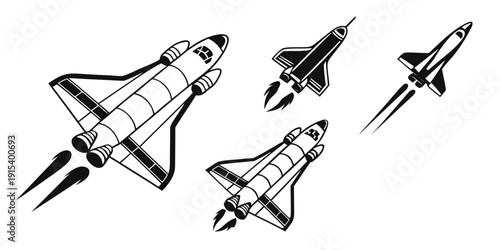 Four different types of spacecraft and rockets in black and white Vector